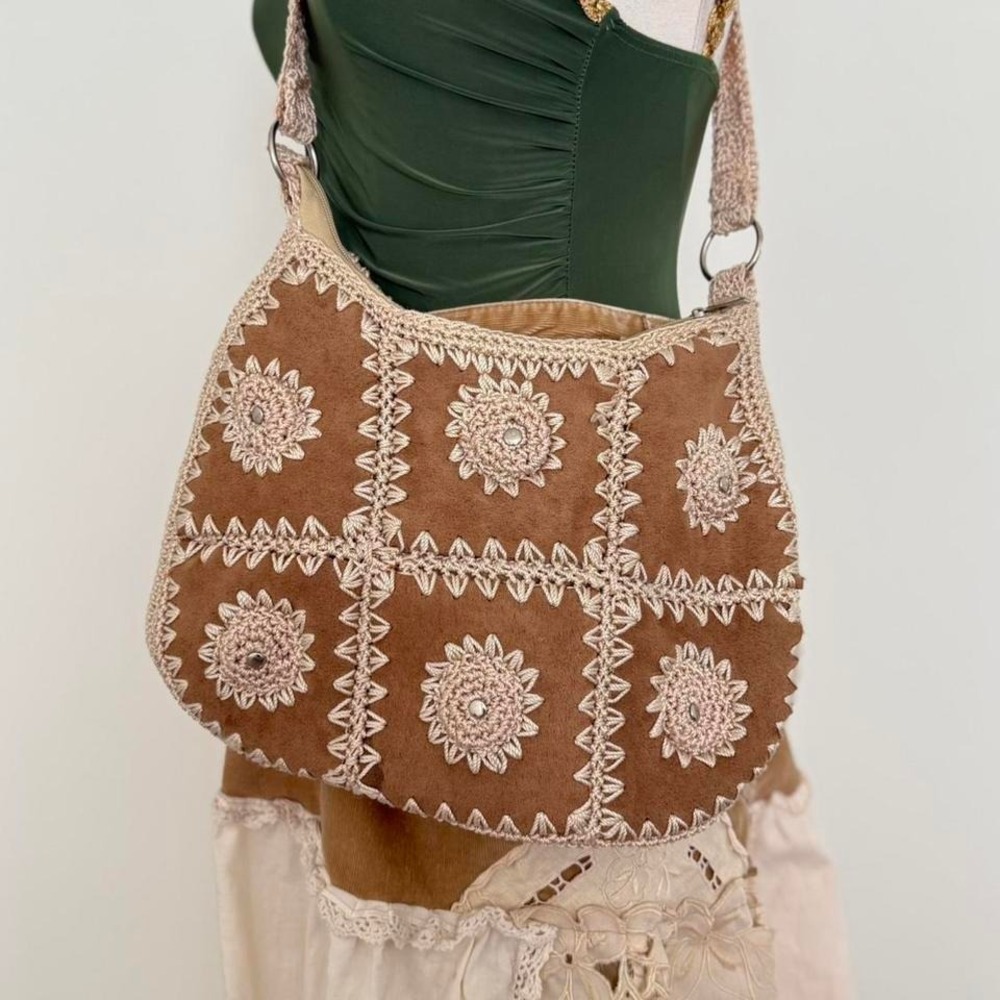 Boho Crochet Suede Shoulder Bag Festival Vintage Inspired